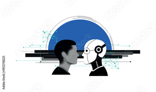 monochrome human profile facing simplified robotic head silhouette, layered paper collage effect, large cobalt blue semicircle behind both figures, flat
