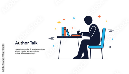 Book signing autograph session depicted by a simple silhouette of a seated author figure signing a book across a small table, expressing interaction and