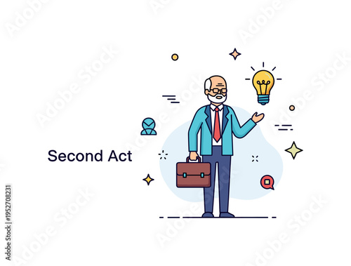 Encore careers concept featuring a confident senior professional holding a briefcase and small lightbulb icon symbolizing new beginnings, purpose, and lifelong