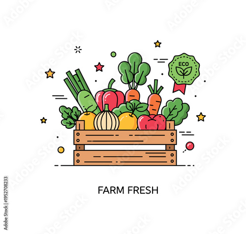 Organic produce fresh farm harvest arrangement illustrated by a wooden crate filled with vibrant vegetables and fruits, expressing natural quality and seasonal
