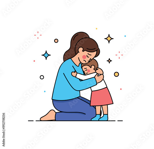 Mom comforting child mother kneeling to hug a small child with subtle calm star accents, conveying reassurance and compassion during difficult moments.