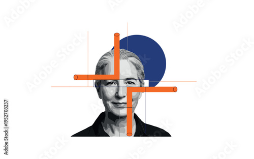 black and white half-length portrait of grey-haired individual with gentle eyes and kind smile, deep blue geometric circle behind head and orange cylindrical