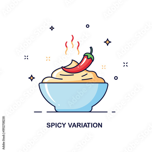 Crab dip spicy variation concept with a bowl of creamy dip accented by a small red chili icon and subtle heat lines suggesting bold flavor. A dynamic and