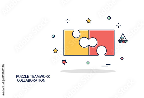 Puzzle teamwork collaboration theme centered on two interlocking puzzle pieces connected smoothly at the center. A balanced editorial representation of