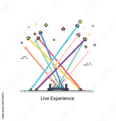 Live concert light show spectacle with intersecting colorful beams and a small stage silhouette at the base, expressing immersive visual energy and large scale