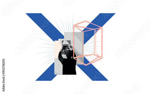 Black and white image of a person sprinkling flour in the air, bold bright blue circle centered behind the flour cloud, thin radiating lines amplifying the