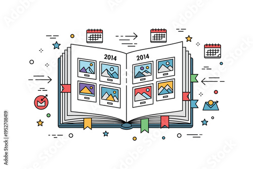 Creating a chronological photo timeline shown as an open album with pages labeled by year and neatly aligned snapshots, symbolizing structured memory keeping.