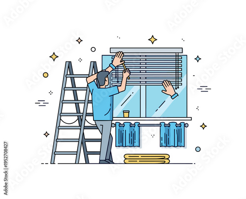 DIY curtain replacement project featuring a simple ladder beside a window with blinds being installed and old curtains folded below, expressing hands on