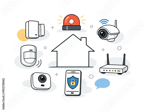 DIY home security systems components. Sensors, camera, alarm, and router floating neatly around a central home outline. Clean organized scene showing smart