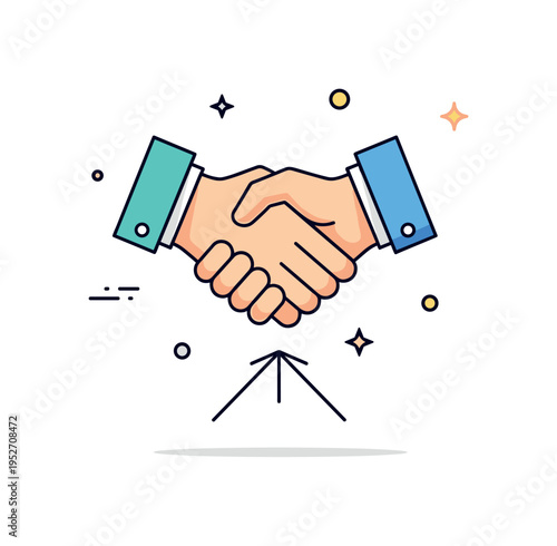 New venture partnership agreement visualized through two stylized hands forming a confident handshake above a subtle upward arrow. The composition reflects