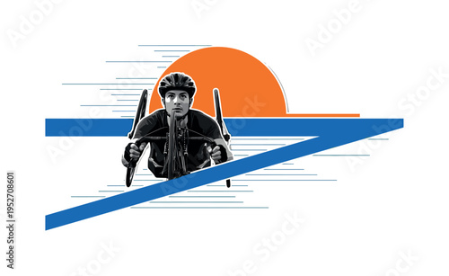 Black and white cyclist using handcycle moving forward confidently, bright orange semicircle behind like dynamic horizon, blue diagonal bar reinforcing motion