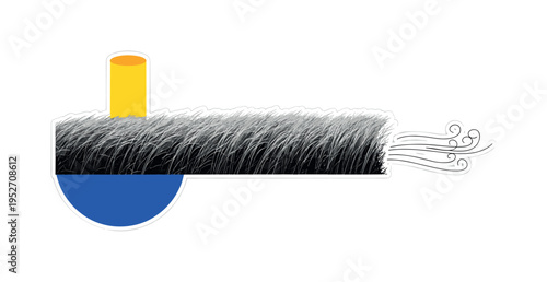 Black and white horizon line with endless tall grass swaying rhythmically, vibrant yellow abstract cylinder form rising vertically, cobalt blue semicircle