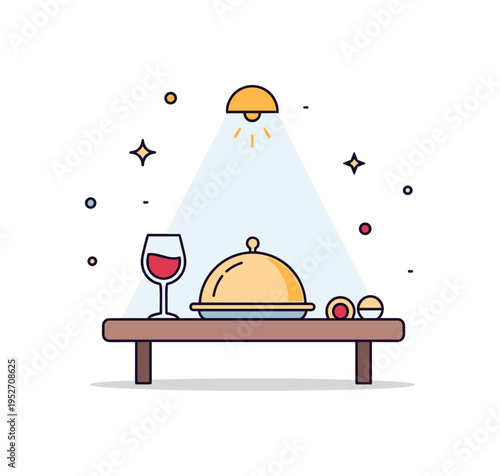 Fine dining experience elegant table setup with wine glass and covered dish under subtle spotlight effect, conveying sophistication and gourmet indulgence.