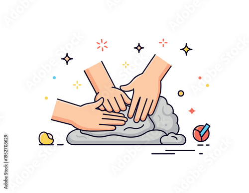 Creative clay workshop scene focused on small hands pressing soft clay with tiny decorative spark elements around, symbolizing imagination, learning, and