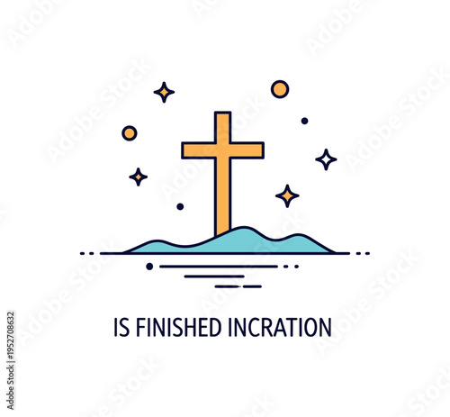 It is finished inscription subtle text placed beneath a cross with a calm horizon line, expressing fulfillment of purpose and quiet finality in a sacred scene.