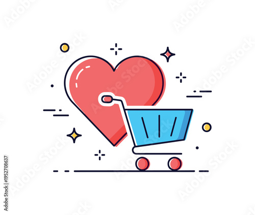 Customer retention strategy visualized by a heart icon combined with a small shopping cart expressing emotional connection and repeat purchases. Subtle spark