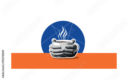 Black and white hands wrapped around a steaming mug of hot cocoa, bold deep blue circular backdrop behind the cup, bright orange horizontal bar grounding the