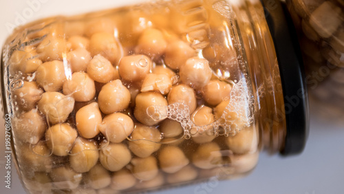 Photos Chickpeas in glass jar macro canned chickpeas healthy vegan plant protein food