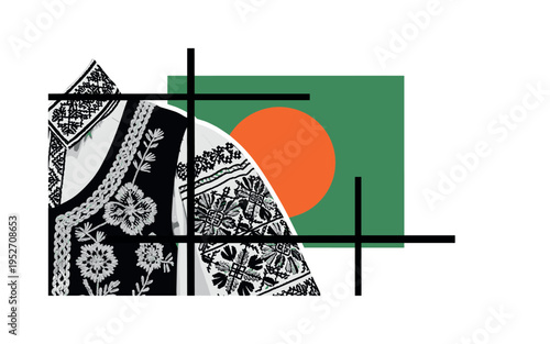 Black and white traditional folk costume detail with embroidered textures, oversized green rectangle behind intersected by bright orange circle, sharp black