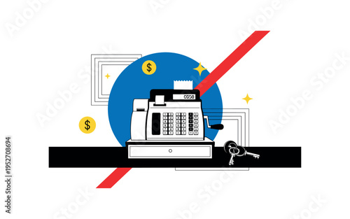 Black and white retro store counter scene with a cash register as focal point, bold blue circle acting as abstract backdrop, sharp red diagonal bar adding