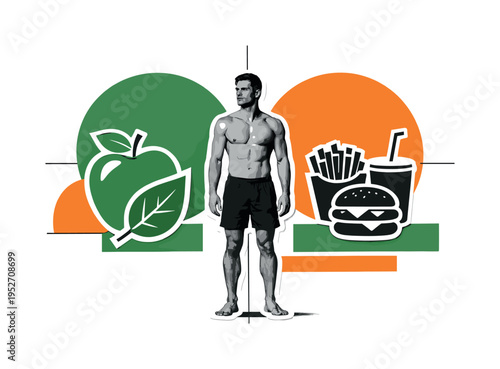 A black and white realistic human figure standing between two oversized food symbols, cut-out collage effect with white outline, one side minimal healthy