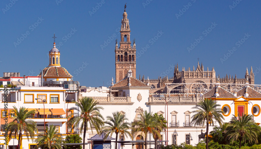 Fototapeta premium Seville skyline with Giralda tower and cathedral under blue sky Spain