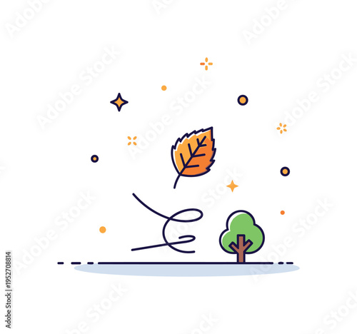Autumn leaves moment single falling leaf with subtle swirl line beneath a small tree silhouette, expressing seasonal beauty and gentle change. Minimalist flat