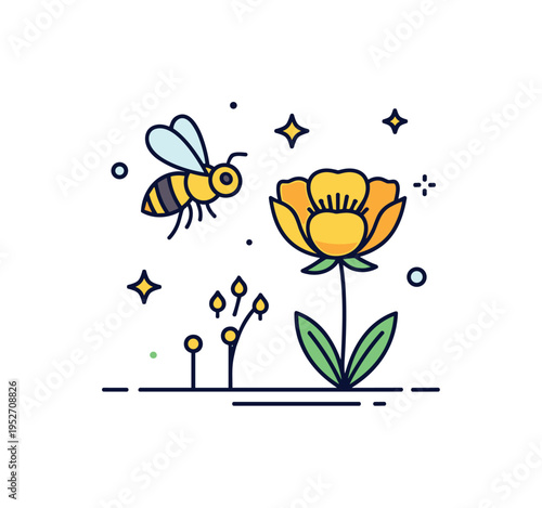 Buttercup and bee spring interaction scene represented by a small bee icon hovering near a yellow flower, expressing pollination and ecosystem harmony.