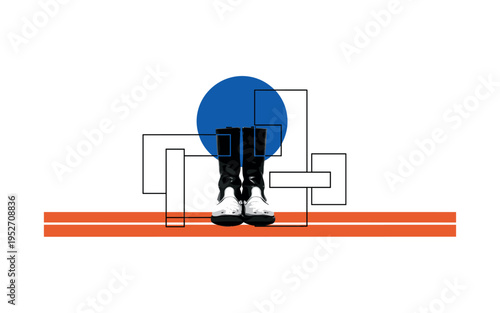 Black and white worn leather boots standing upright, oversized cobalt blue circle intersecting the upper shafts, burnt orange horizontal stripe grounding the