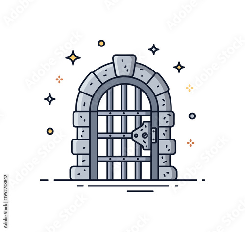 Medieval dungeon gate detail shown as a simple barred iron door set within a rounded stone frame, symbolizing confinement and fortress architecture. The