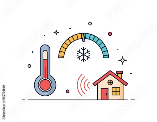 Comfort optimization during winter illustrated by a thermostat dial slightly turned toward a snowflake icon while a cozy small house emits gentle heat waves.