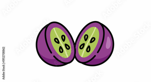 Freshly cut fruit illustration two halves seeds visible isolated on white