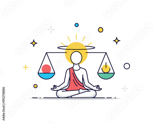 Meditative enlightenment figure with gentle halo and floating geometric shapes around, expressing balance, peace and elevated consciousness. Minimalist flat
