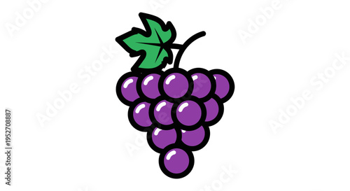 Cartoon cluster of grapes with green leaf isolated on white background