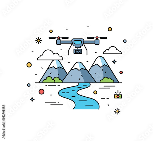 Capturing aerial landscape with drone featuring a hovering drone above stylized mountains and river curves, symbolizing wide panoramic views and exploration