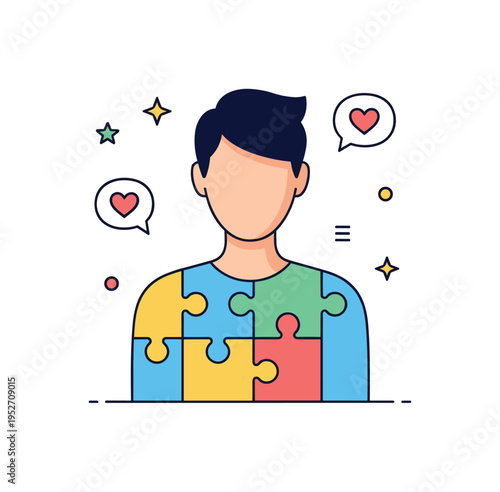 Emotional intelligence and physical wellbeing symbolized by interlocking puzzle shapes forming a person?s upper body, representing integration of thoughts and