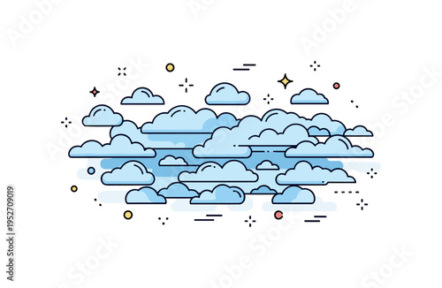 Altocumulus sky pattern depicted as a series of small rounded cloud clusters arranged in rhythmic formation, symbolizing layered atmospheric structure. A