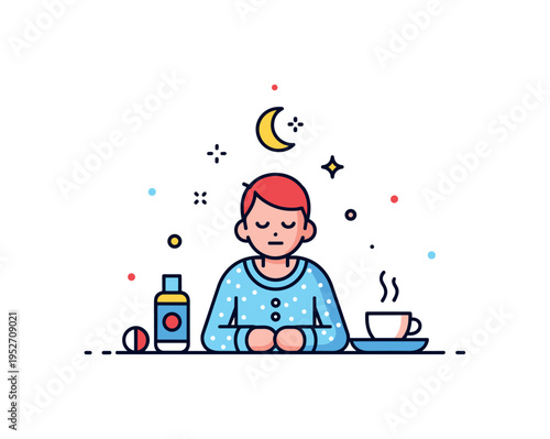 Pajama day at home evening wind down theme centered on a calm character in sleepwear with a small crescent moon accent above. A peaceful editorial