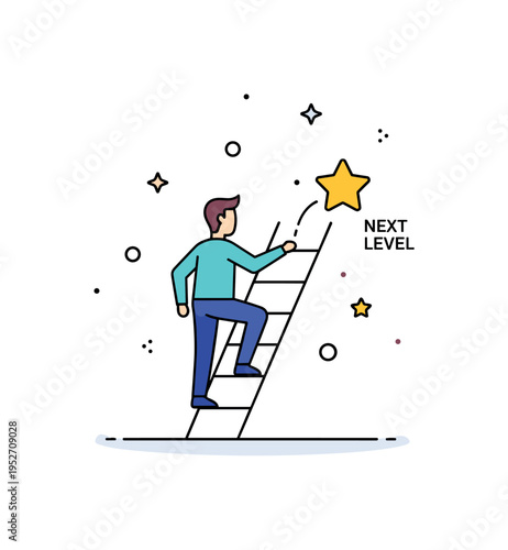 Navigating job promotions and advancements professional climbing a stylized career ladder toward a small star labeled Next Level, expressing ambition, growth
