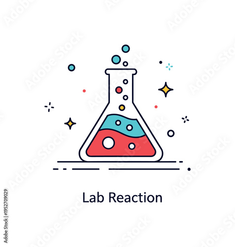 Reagent chemical analysis scene featuring a minimal flask with two contrasting liquid layers and tiny bubble accents, expressing transformation and measurable
