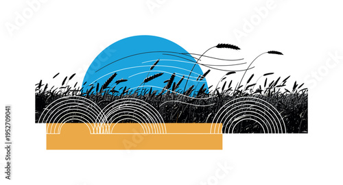 Black and white wide panoramic wheat field with tall stalks swaying dynamically, bold bright blue geometric circle behind the horizon symbolizing clear sky,