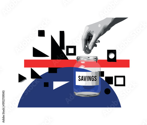 Black and white hand placing a coin into a jar labeled savings, deep cobalt blue semicircle behind jar, sharp red rectangular accent crossing horizontally,