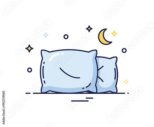 Pillow bedtime routine theme showing a plush cushion paired with a small crescent moon and minimal sparkle accents forming a cozy night badge. The composition