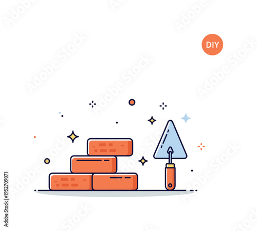 Bricks and trowel DIY home improvement concept represented by a small brick pile with a neatly placed trowel and subtle sparkle accents. The scene conveys