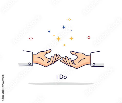 Wedding vows exchange scene featuring two minimal hands reaching toward each other with tiny sparkles above, expressing sincerity and emotional connection