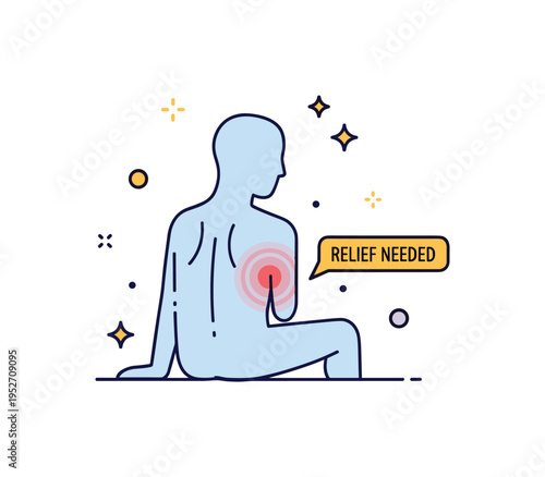 Chronic back pain awareness centered on a seated silhouette with a subtle circular pain highlight and a small label Relief Needed, emphasizing