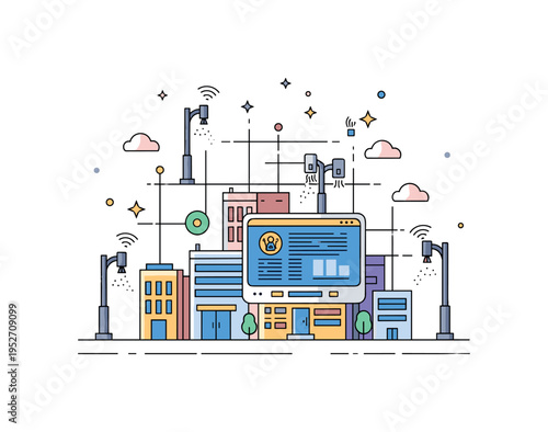 Urban sensor grid city block with tiny environmental sensors on lamp posts sending data to a central dashboard screen, expressing air quality monitoring and