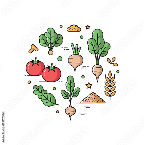 Farm fresh ingredients selection presenting tomatoes, leafy greens, root vegetables, and grains grouped in a compact badge layout to represent unprocessed