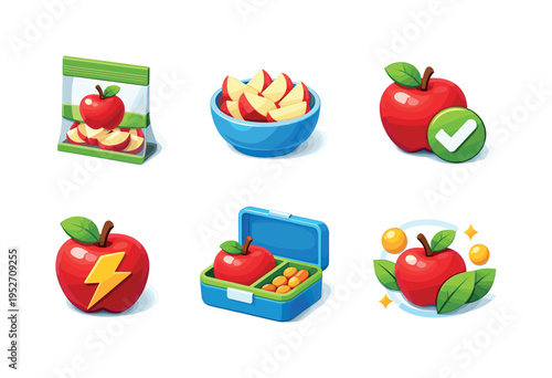 Healthy snack. Isometric flat vector icons set of healthy snack: apple snack pack, sliced apple bowl, apple with check mark, energy apple icon, lunchbox apple,