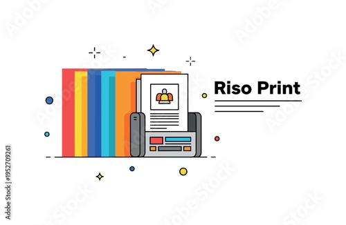 Printing techniques risograph aesthetic illustrated by layered color shapes slightly offset to create textured effect, expressing indie publishing and bold